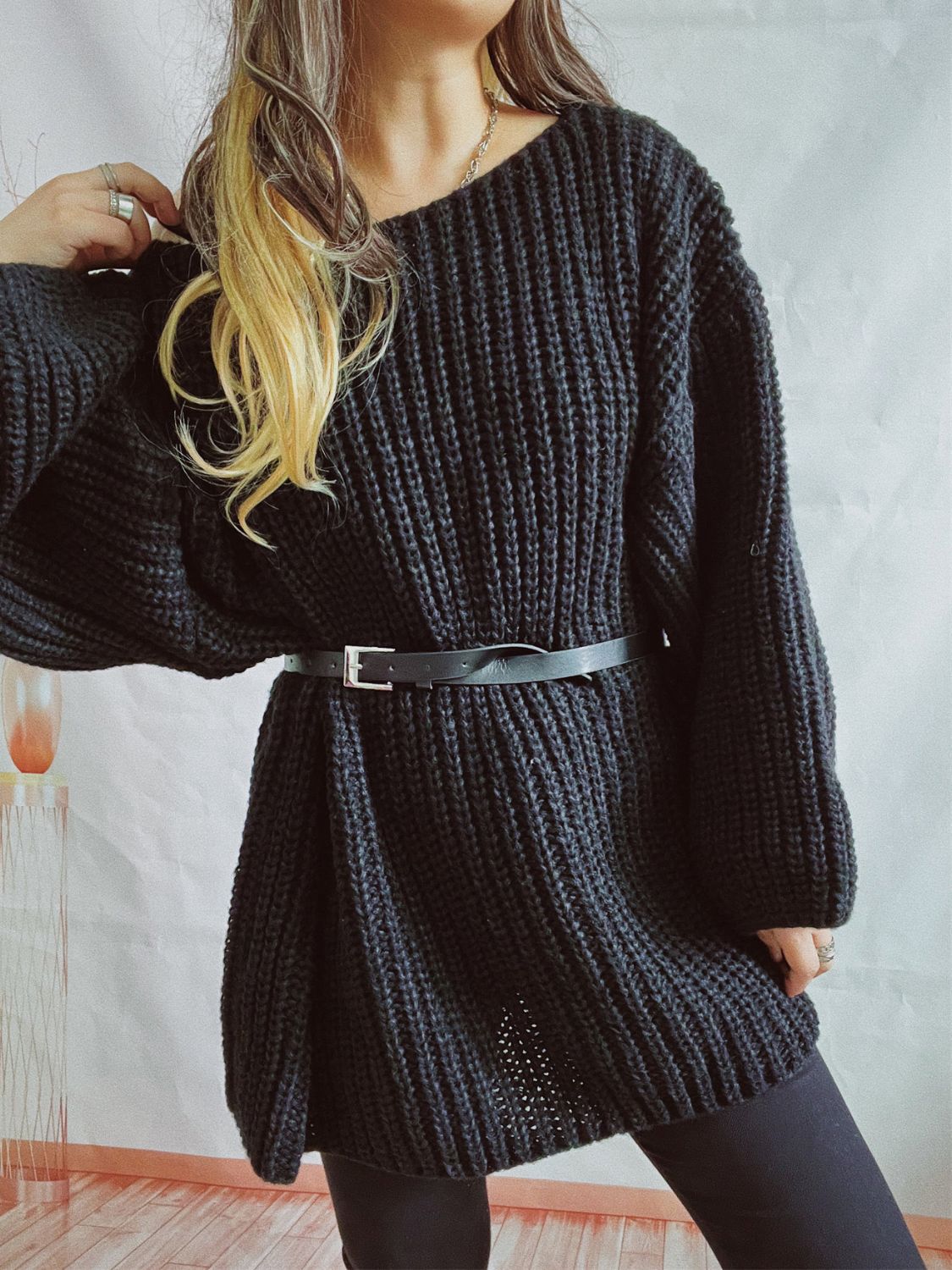 Boat Neck Long Sleeve Sweater With Belt