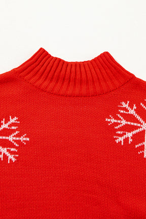 Fiery Red Christmas Snow Printed High Neck Sweater-True and Wild