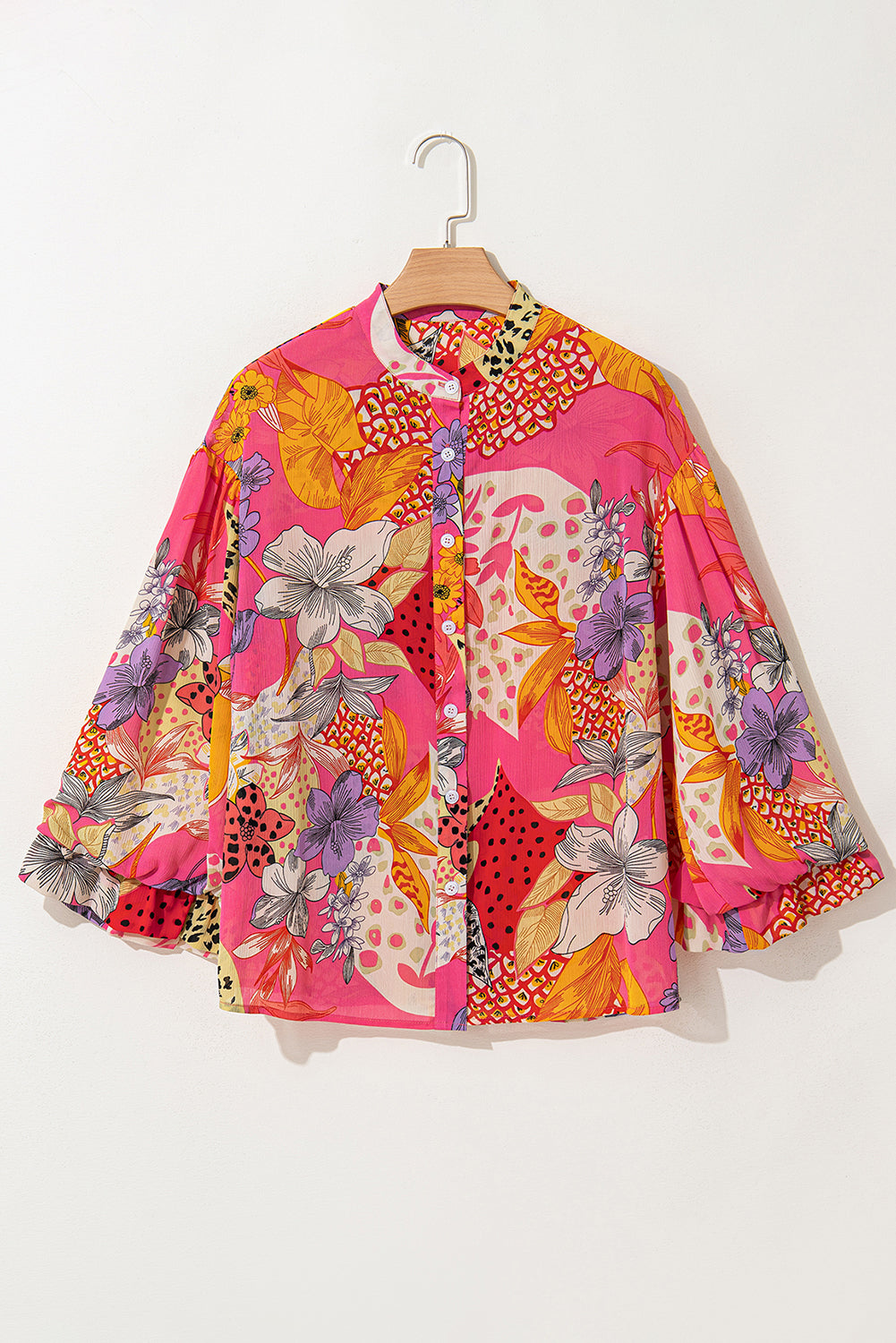 Red Abstract Floral Print Buttoned Ruffle Bubble Sleeve Shirt-True and Wild