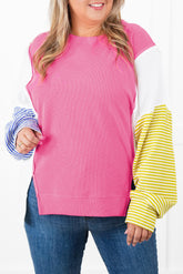 Rose Red Striped Colorblock Exposed Seam Long Sleeve Plus Size Top-True and Wild