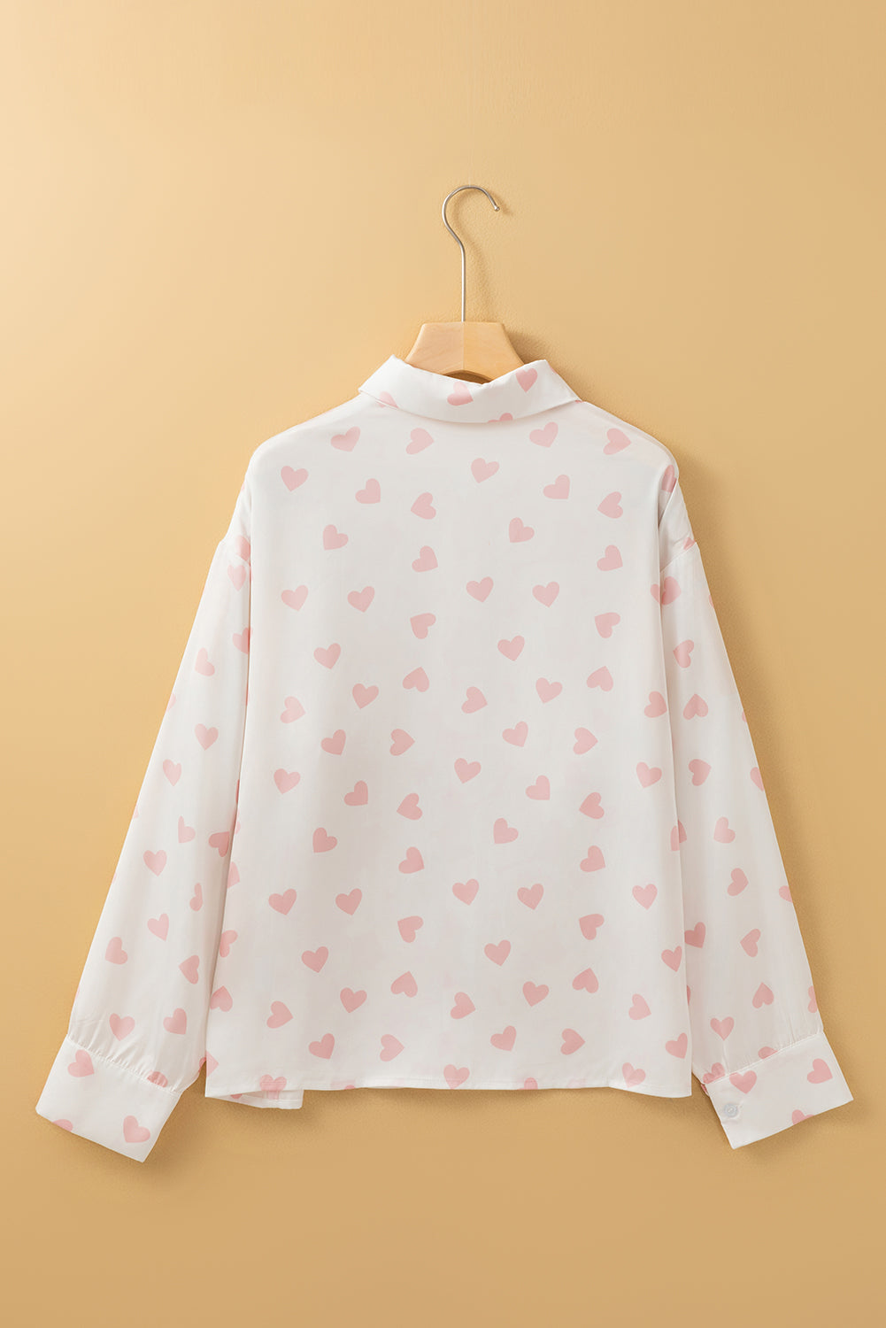 Heart Print Collared Neck Long Sleeve Shirt-True and Wild