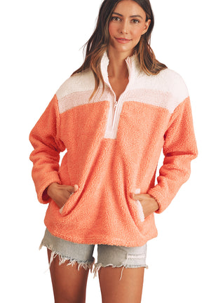 Orange Colorblock Zipper Stand Neck Sherpa Sweatshirt-True and Wild