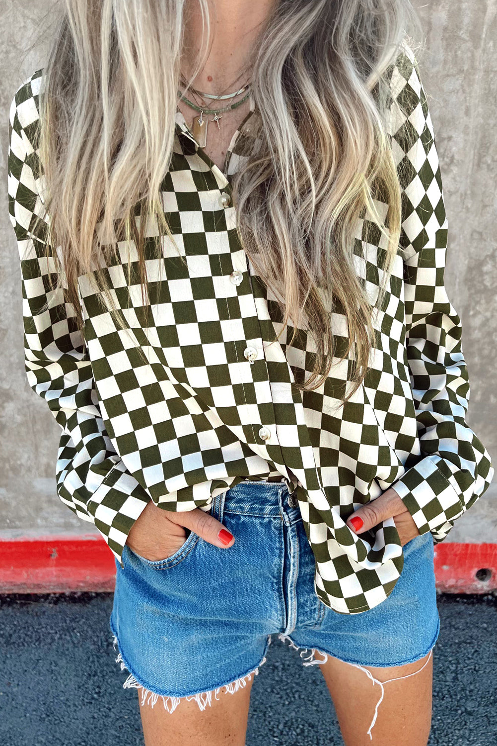 Green Checkerboard Print Drop Shoulder Loose Blouse-True and Wild