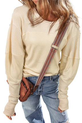 Beige Thermal Knit Patchwork Exposed Seam Long Sleeve Top-True and Wild