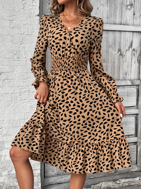 Smocked Printed Surplice Flounce Sleeve Midi Dress