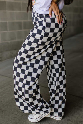 Black Checkered Print High Waist Wide Leg Pants-True and Wild