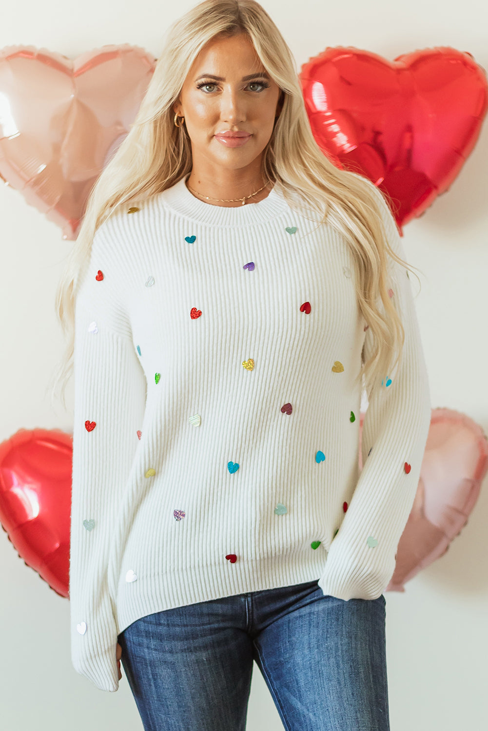 Heart Sequin Round Neck Long Sleeve Sweater-True and Wild