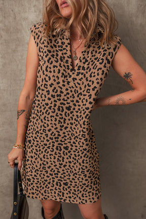 Khaki Leopard Print V Neck Sleeveless Collared Mini Dress