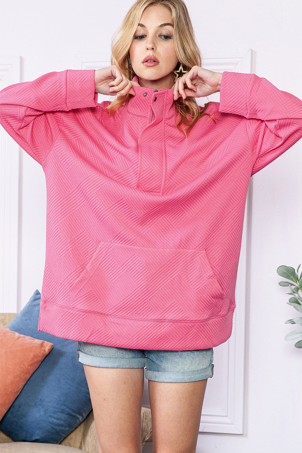 Hot Pink Casual Textured Kangaroo Pocket Sweatshirt-True and Wild