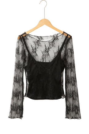 Black Mesh Crochet Splicing Slim Fit Long Sleeve Blouse-True and Wild