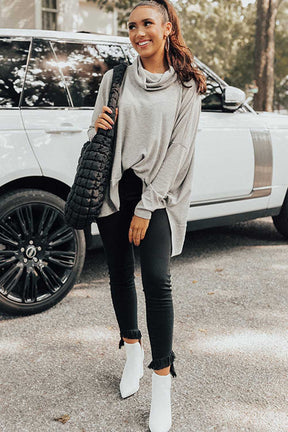 Long Sleeve Tops - Black Cowl Neck Loose Fit Tunic Long Sleeve Top