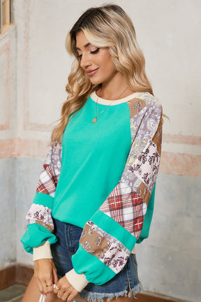 Long Sleeve Tops - Aruba Blue Plaid Paisley Patchwork Long Sleeve Top