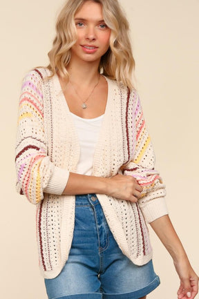 Haptics Full Size Striped Crochet Open Front Cardigan