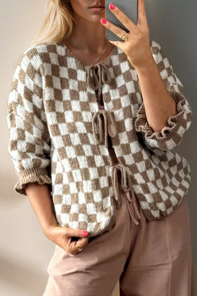 Double Take Tied Checkered Dropped Shoulder Flounce Sleeve Cardigan-True and Wild