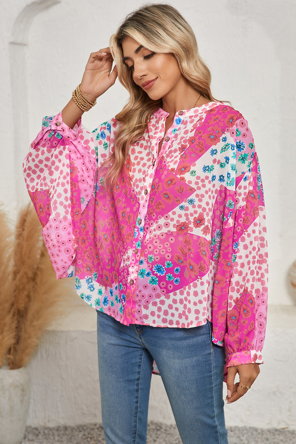 Rose Red Floral Print Dolman Sleeve Blouse-True and Wild