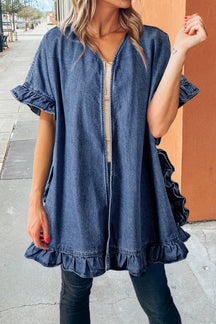 Dusk Blue Half Sleeve Ruffle Edge Chambray Open Kimono-True and Wild