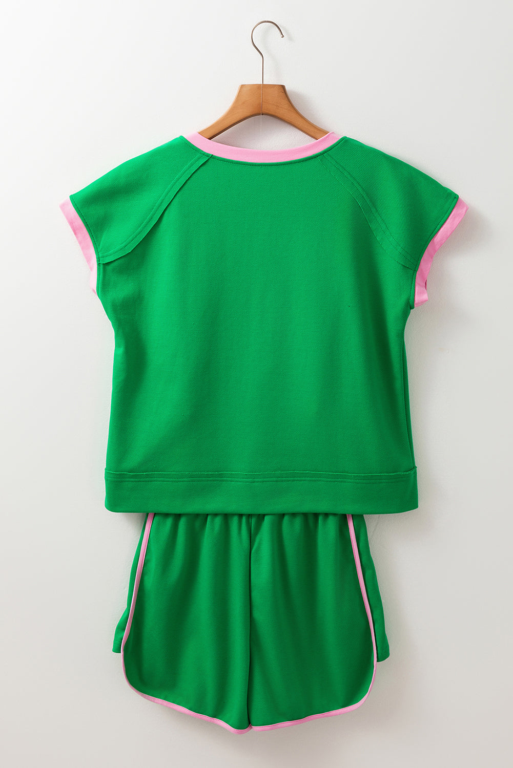 Bright Green Two Tone Contrast Trim Textured Tee and Shorts Set