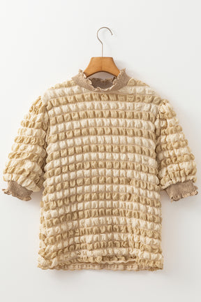 Beige Textured Frill Trim Smocked Puff Sleeve T Shirt-True and Wild