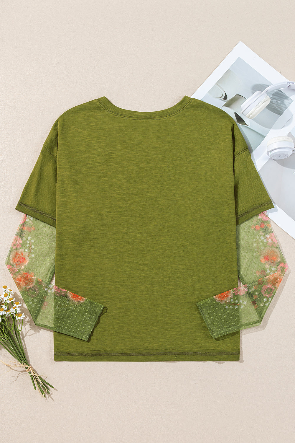 Fern Green Floral Mesh Patchwork Sleeve Crewneck Top-True and Wild