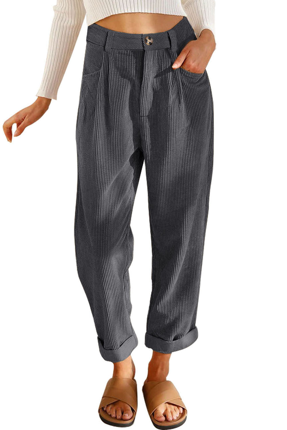 Grey Corduroy High Waisted Wide Leg Pants-True and Wild