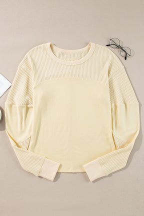 Beige Thermal Knit Patchwork Exposed Seam Long Sleeve Top-True and Wild