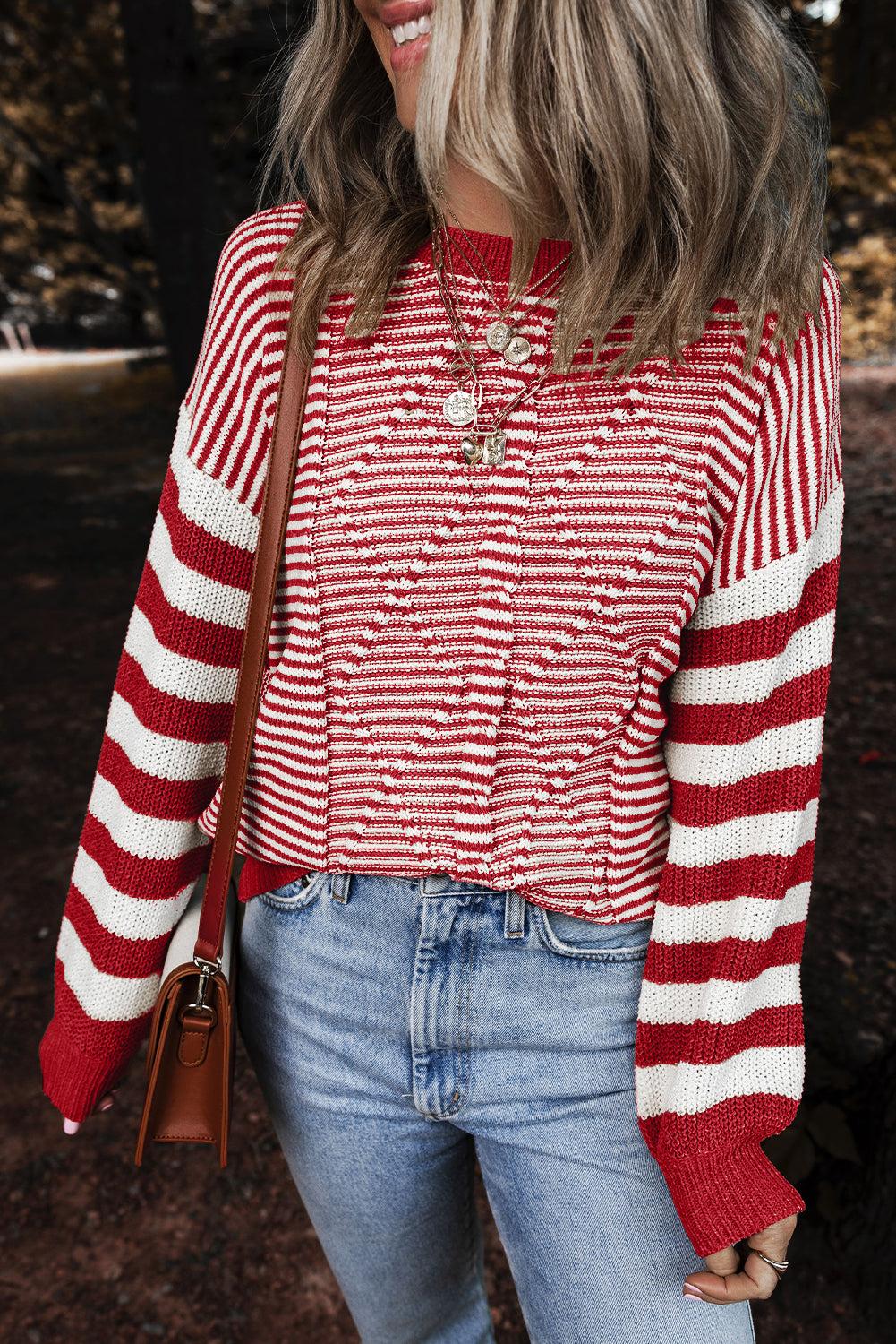 Red Stripe Twisted Knitted Drop Shoulder Sweater-True and Wild