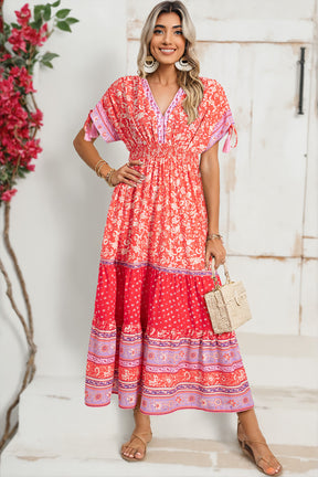 Maxi Dresses - Red Boho Floral Tassel Tie Sleeve Maxi Dress