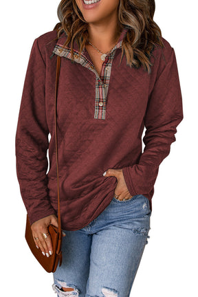 Red Plaid Geometric Texture Trim Button Neck Sweatshirt-True and Wild