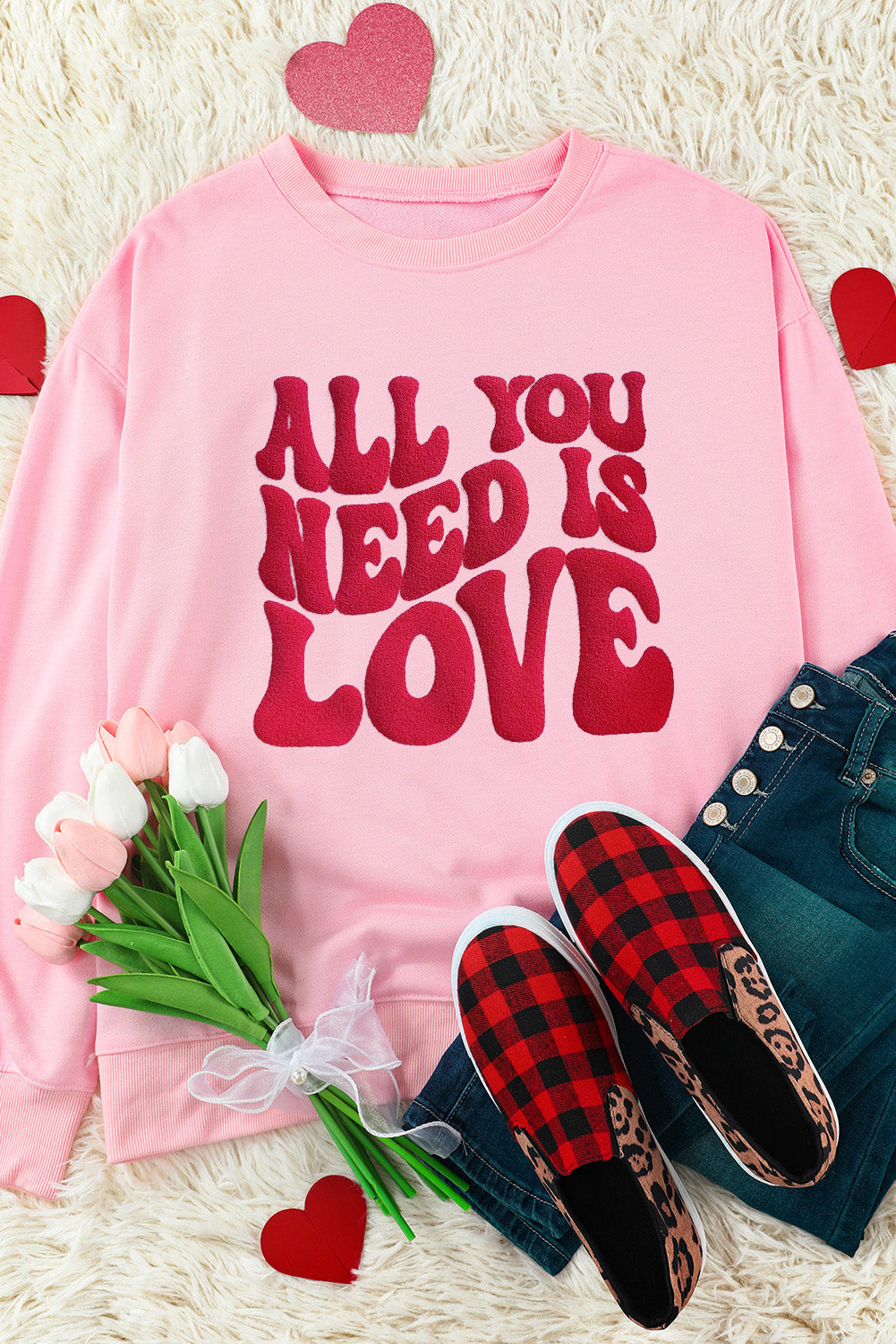 Pink ALL YOU NEED IS LOVE Valentines Slogan Printed Sweatshirt-True and Wild