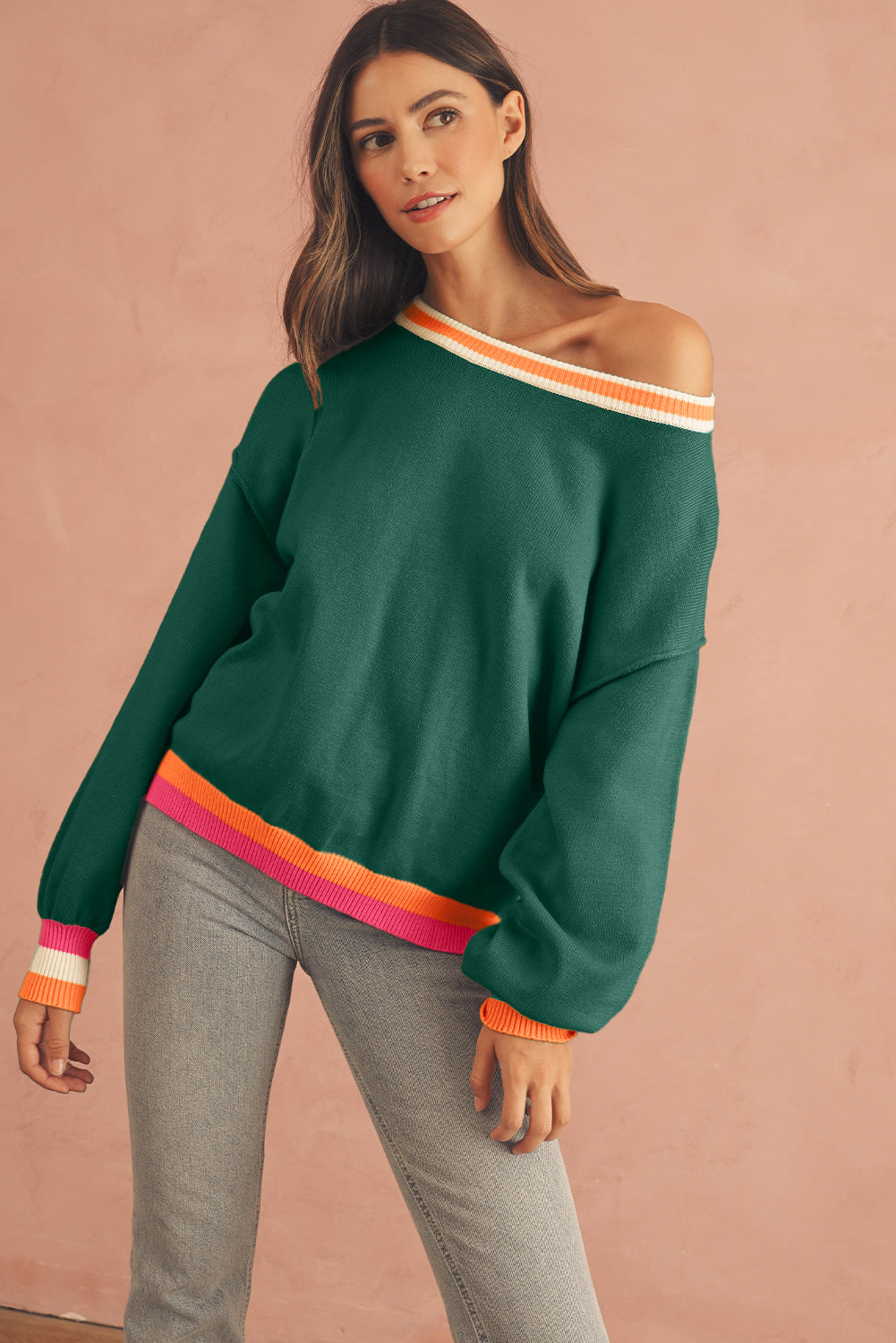 Parchment Striped Trim Drop Shoulder Sweater-True and Wild