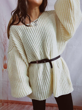 Boat Neck Long Sleeve Sweater With Belt