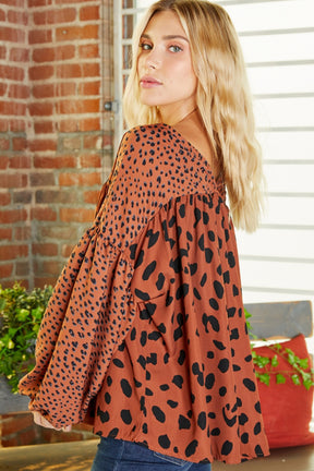 Brown Leopard V Neck Lantern Sleeve Tunic Blouse-True and Wild