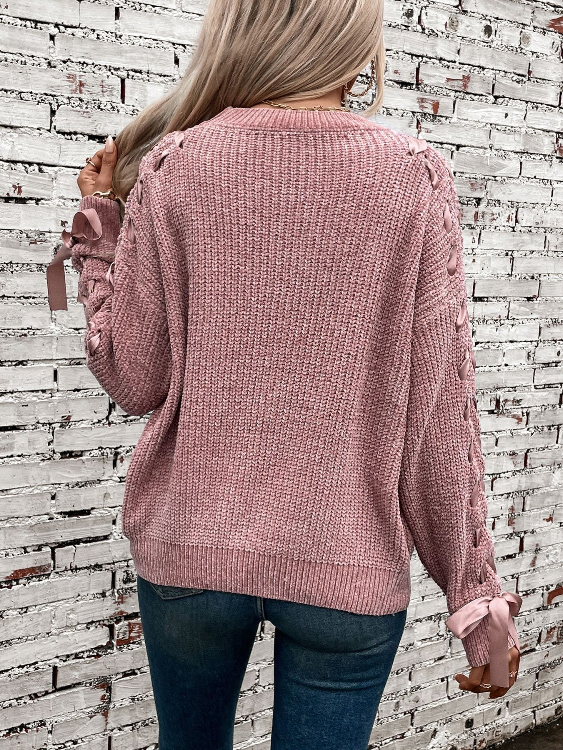 Lace Up Round Neck Long Sleeve Sweater-True and Wild