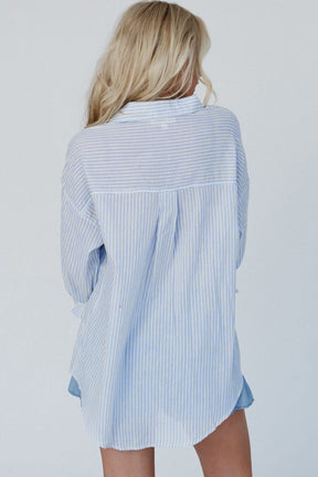 High-Low Striped Collared Neck Long Sleeve Shirt-True and Wild