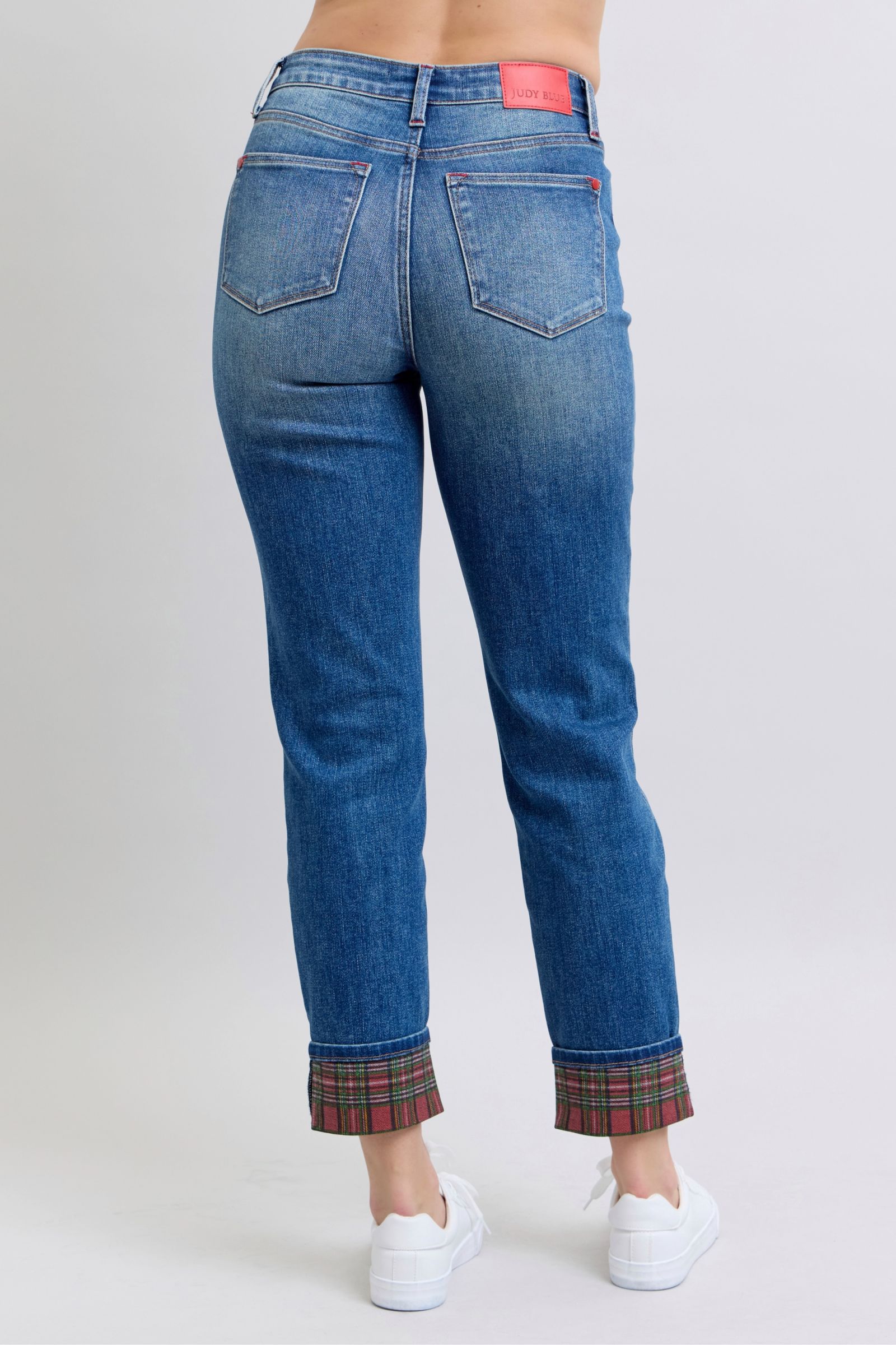 Judy Blue Full Size Plaid Print Cuff Straight Leg Jeans with Pockets-True and Wild