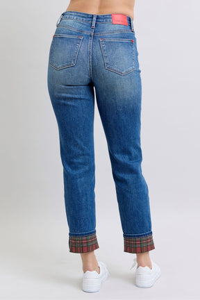 Judy Blue Full Size Plaid Print Cuff Straight Leg Jeans with Pockets-True and Wild