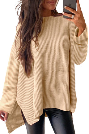 Apricot Plain Side Slits Oversized Sweater-True and Wild