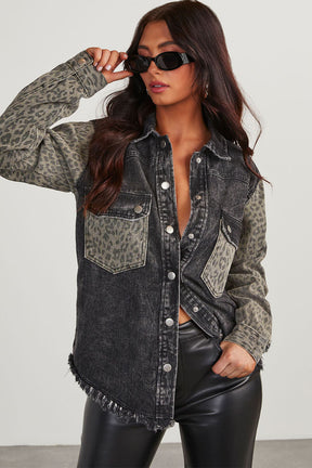 Raw Hem Leopard Snap Down Denim Jacket-True and Wild