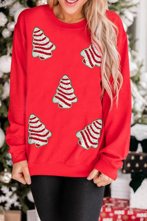 Red Playful Christmas Tree Patched Dropped Shoulder Sweatshirt-True and Wild