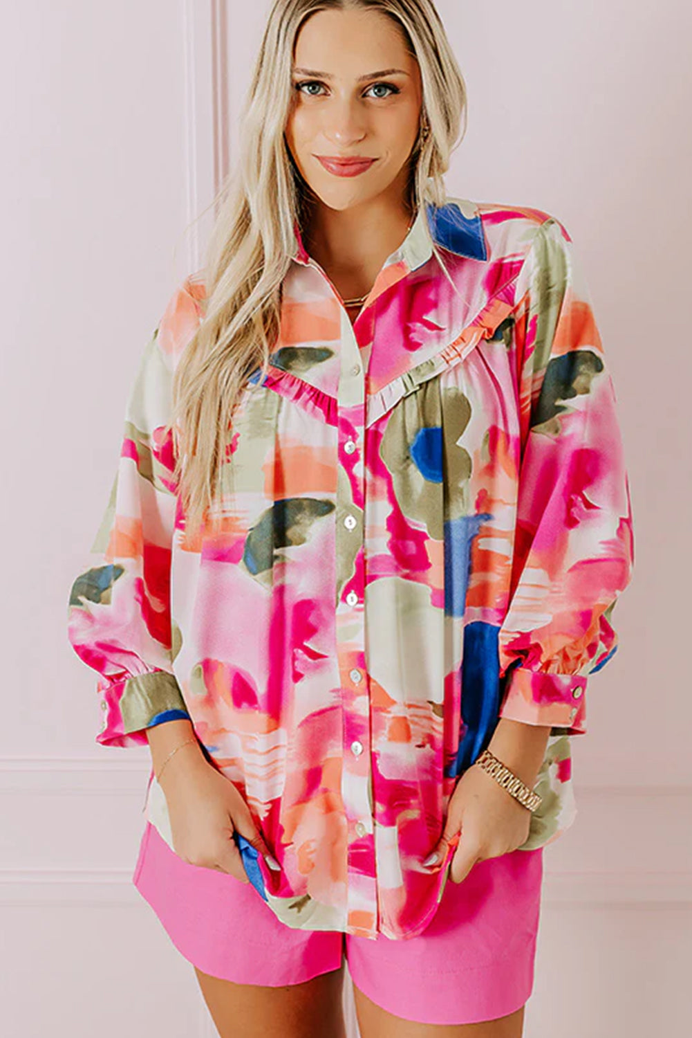 Rose Abstract Print Ruffled Puff Sleeve Shirt-True and Wild