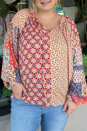 Orange Floral Geometric Patchwork Lace-up Plus Size Blouse-True and Wild