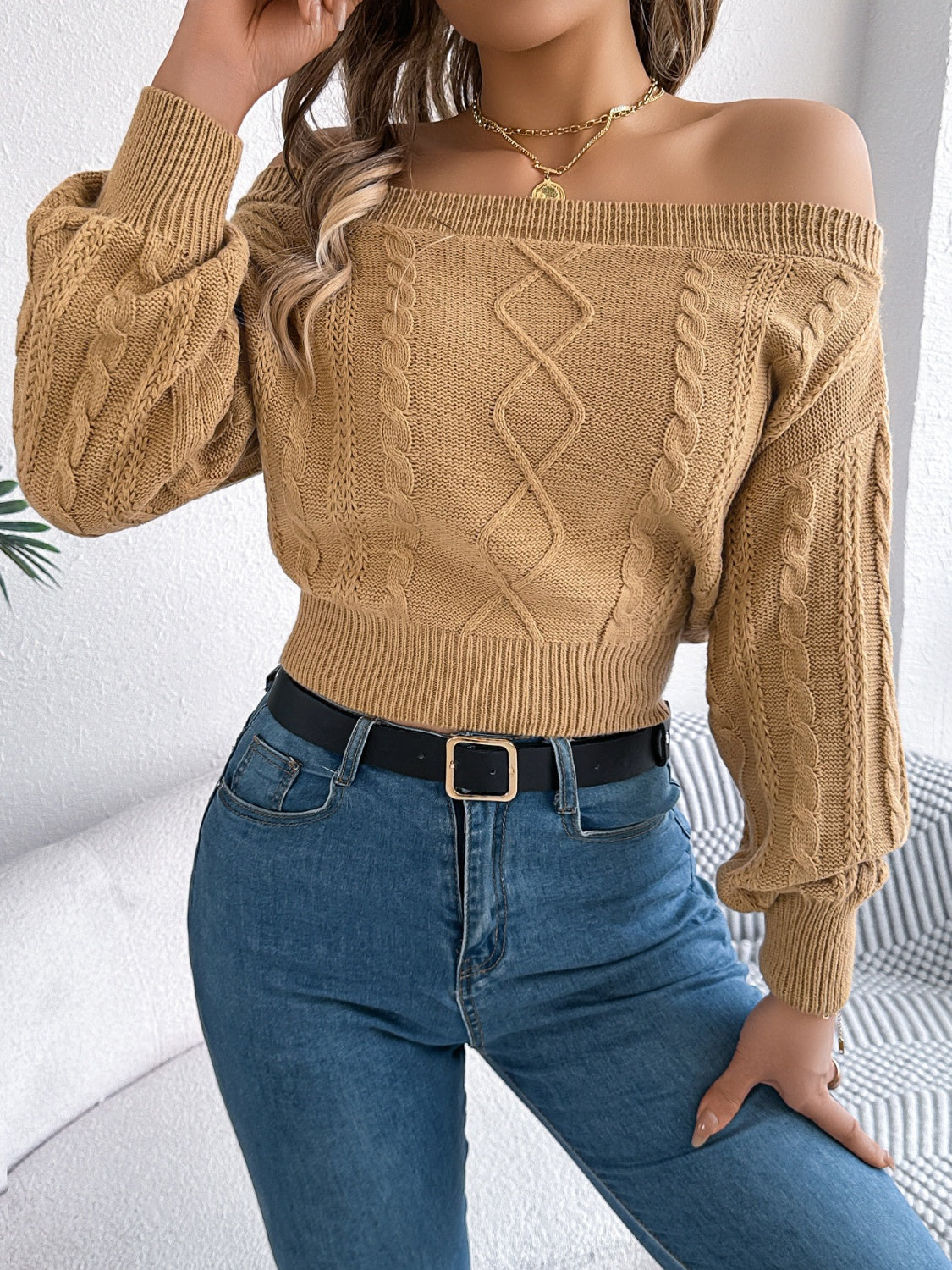 Cable Knit Off-Shoulder Long Sleeve Sweater-True and Wild