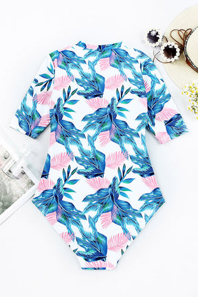 Blue Plant Print Zip Front Half Sleeve One Piece Swimsuit