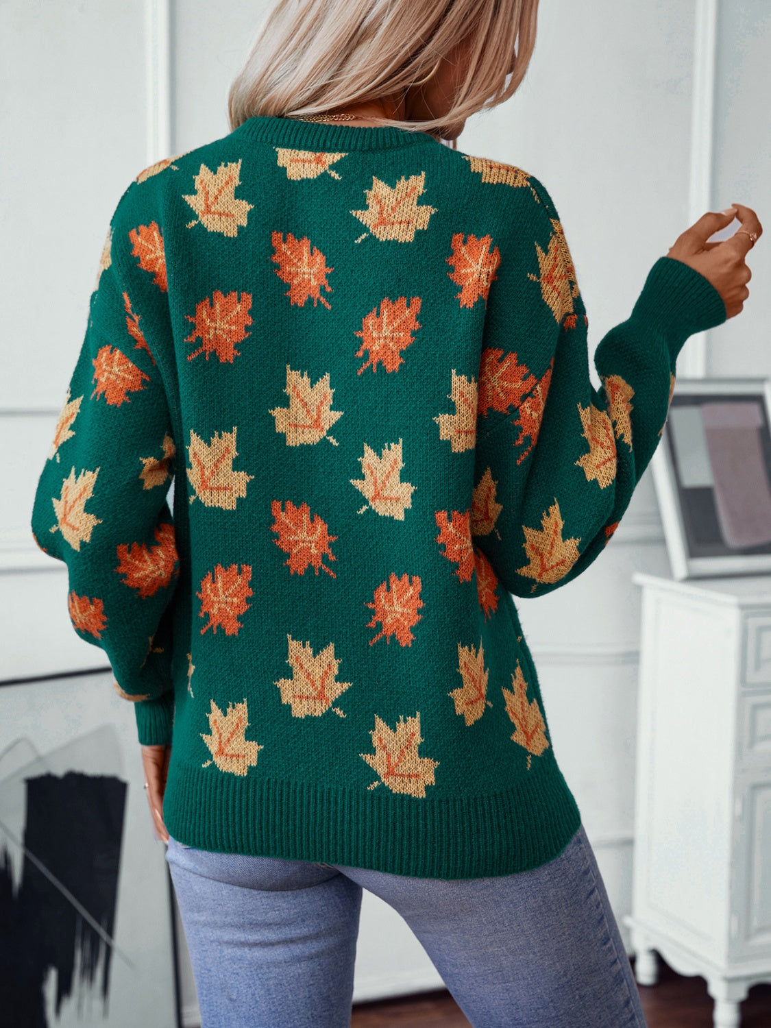 Maple Leaf Round Neck Long Sleeve Sweater-True and Wild