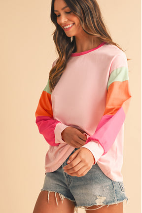 Rose Red Color Block Sleeve Loose Fit Top-True and Wild