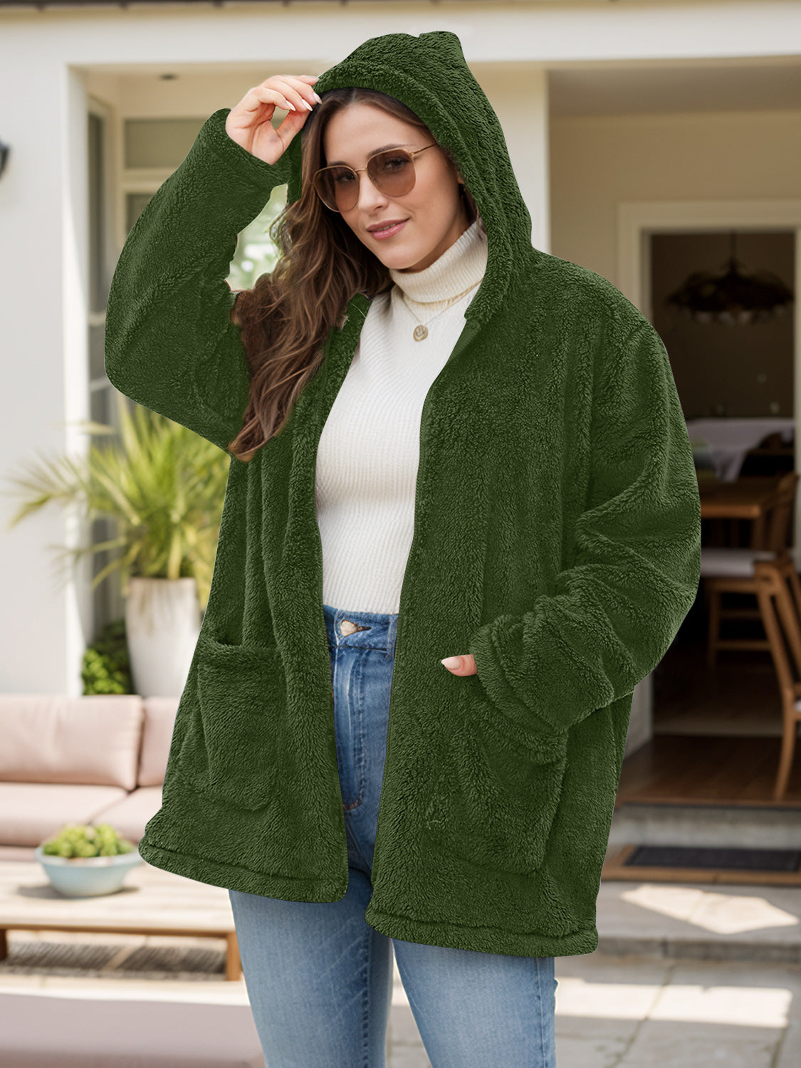 Plus Size Zip Up Long Sleeve Hooded Outerwear-True and Wild