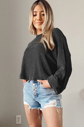 Black Casual Cording Drop Shoulder Puff Sleeve Blouse-True and Wild