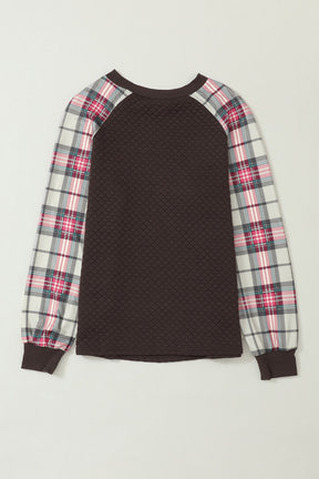 Brown Plaid Print Waffle Quilted Raglan Sleeve Sweatshirt-True and Wild