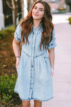 Blue Mineral Washed Ruffled Short Sleeve Pocketed Denim Dress-True and Wild