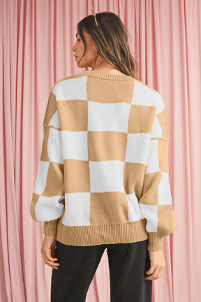 Orange & White Plaid Exposed Seam Bishop Sleeve Sweater-True and Wild